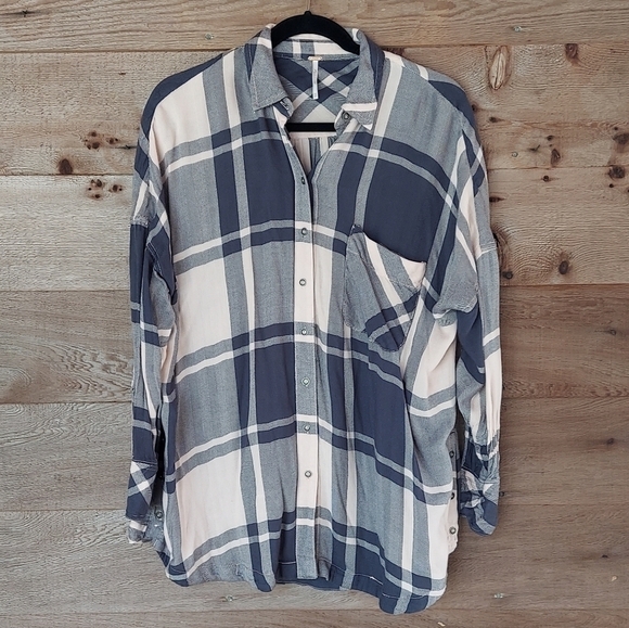 Free People Pink and Blue Oversized Plaid Tunic XS - Picture 1 of 6